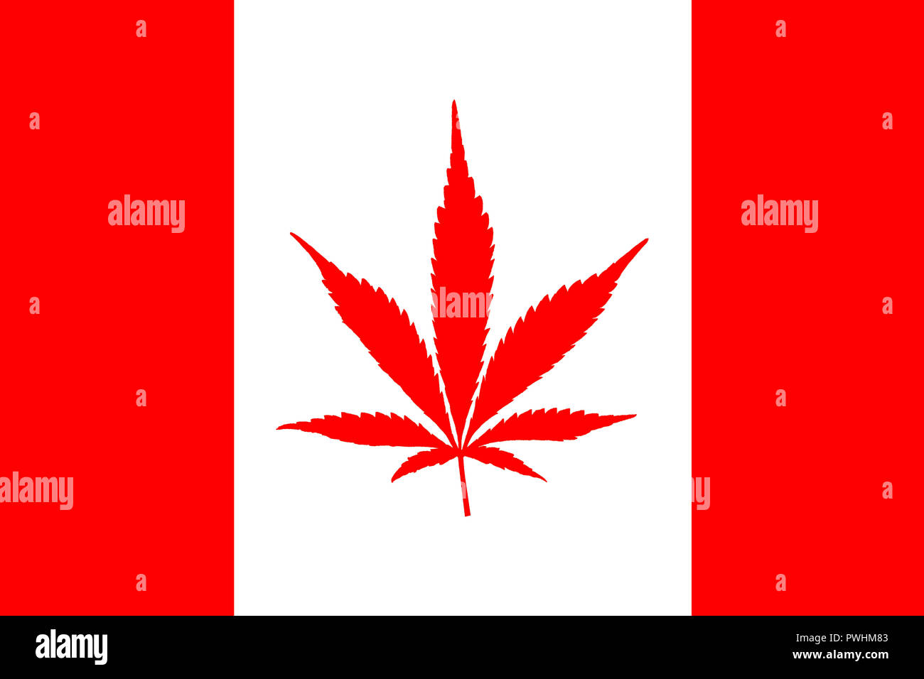 Bandiera canadese con red pianta di Cannabis nel mezzo invece di Foglia di acero. Concetto di legalizzazione della marijuana in Canada nel 2018. Foto Stock