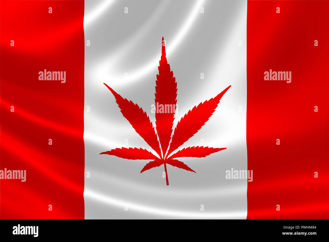 3D illustrazione della bandiera canadese con la pianta di cannabis invece di Foglia di acero. Concetto di legalizzazione della marijuana in Canada nel 2018. Foto Stock