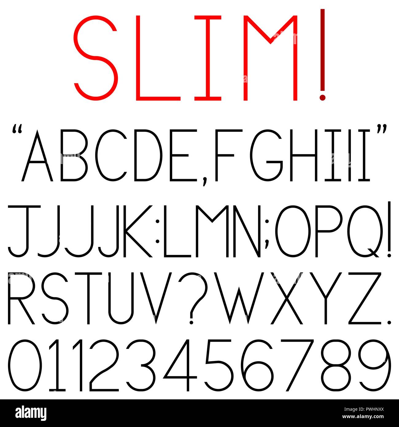 Slim font - custodia superiore alfabeti, numeri e caratteri di punteggiatura in slim black font. Illustrazione Vettoriale