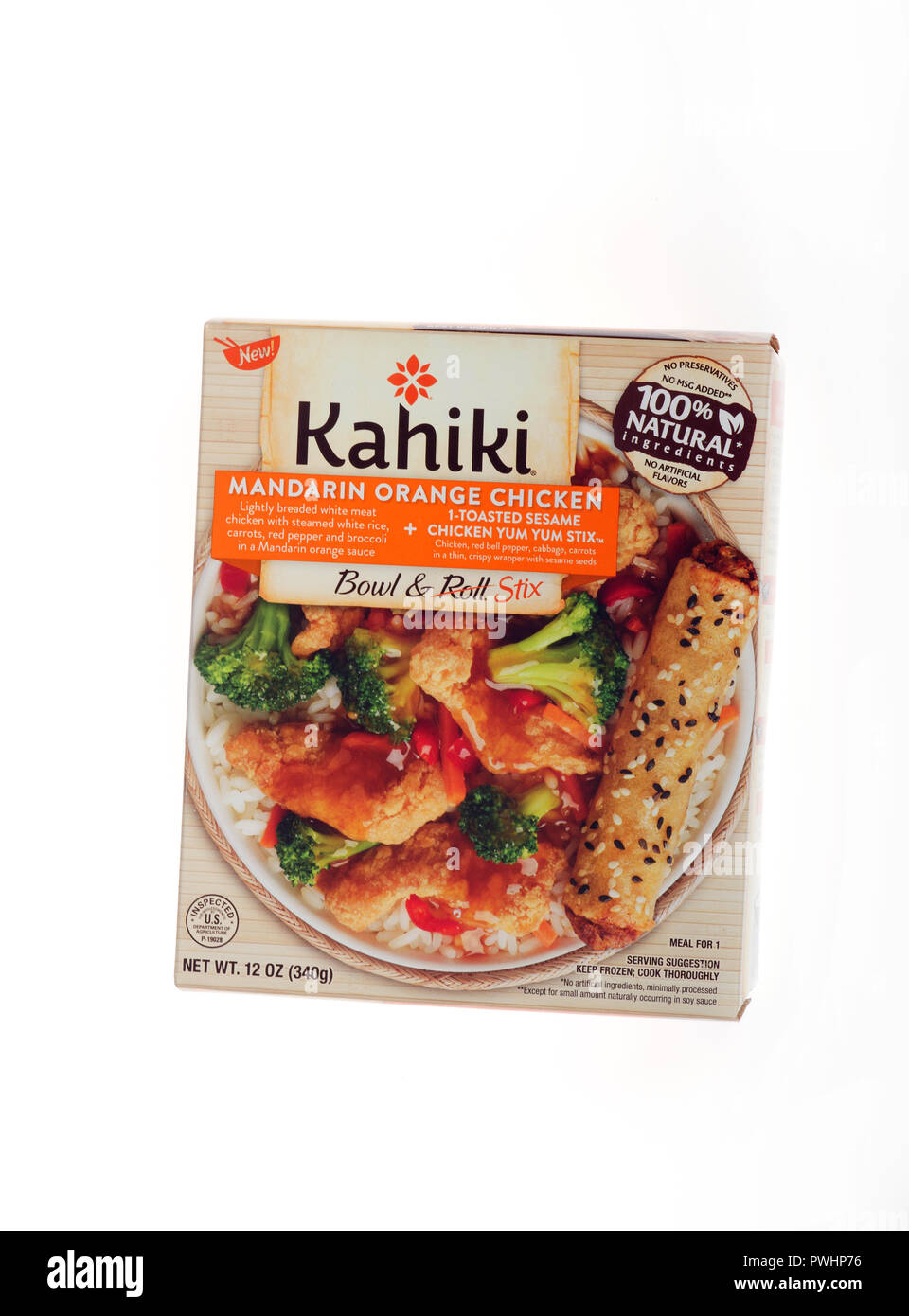Scatola di marca Kahiki congelati mandarin orange pasto di pollo con verdure e riso Foto Stock