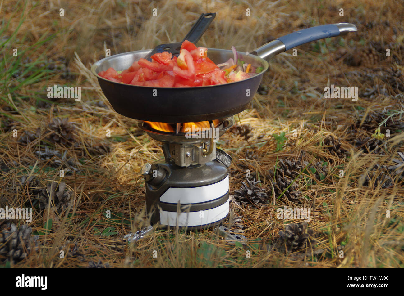 Un pasto caldo sulla coppa sul fornello da campeggio. Sopravvivenza outdoor cooking. Foto Stock