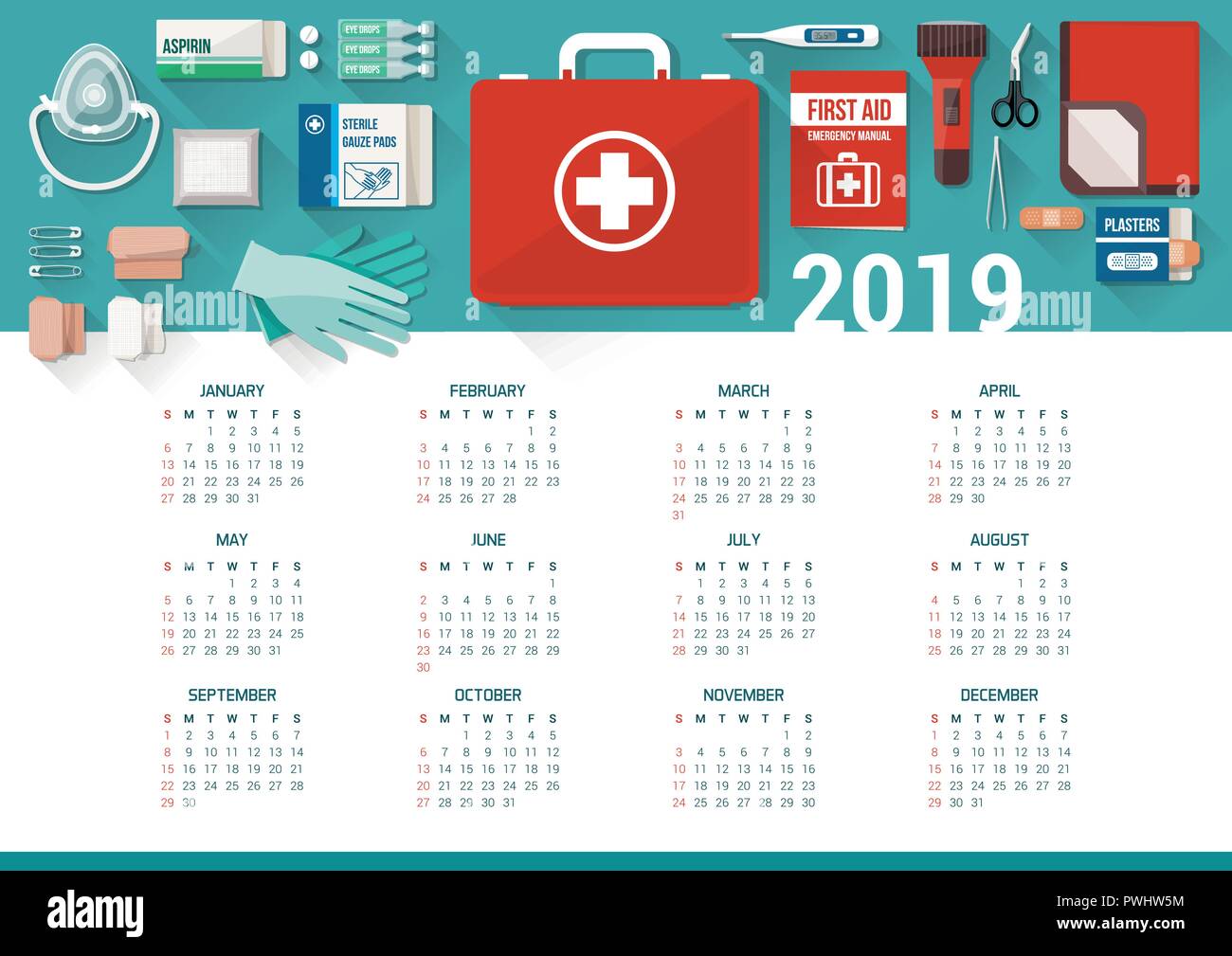 Kit di primo soccorso calendario 2019 con forniture mediche per le emergenze, il concetto di assistenza sanitaria Illustrazione Vettoriale