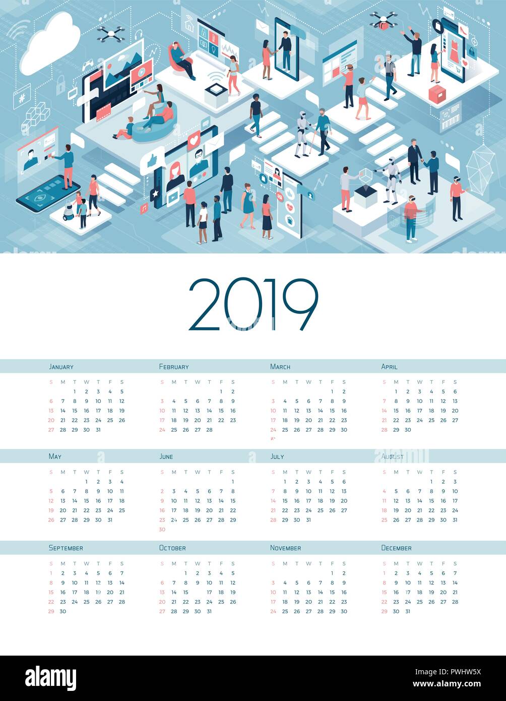 Blockchain delle cose il calendario 2019: i dispositivi collegati, persone e reti Illustrazione Vettoriale