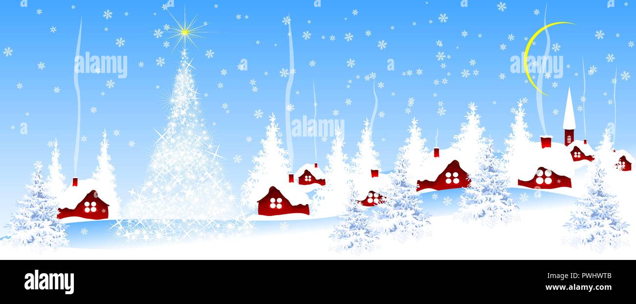 Villaggio con neve contro il cielo blu. Natale banner blu. Illustrazione Vettoriale