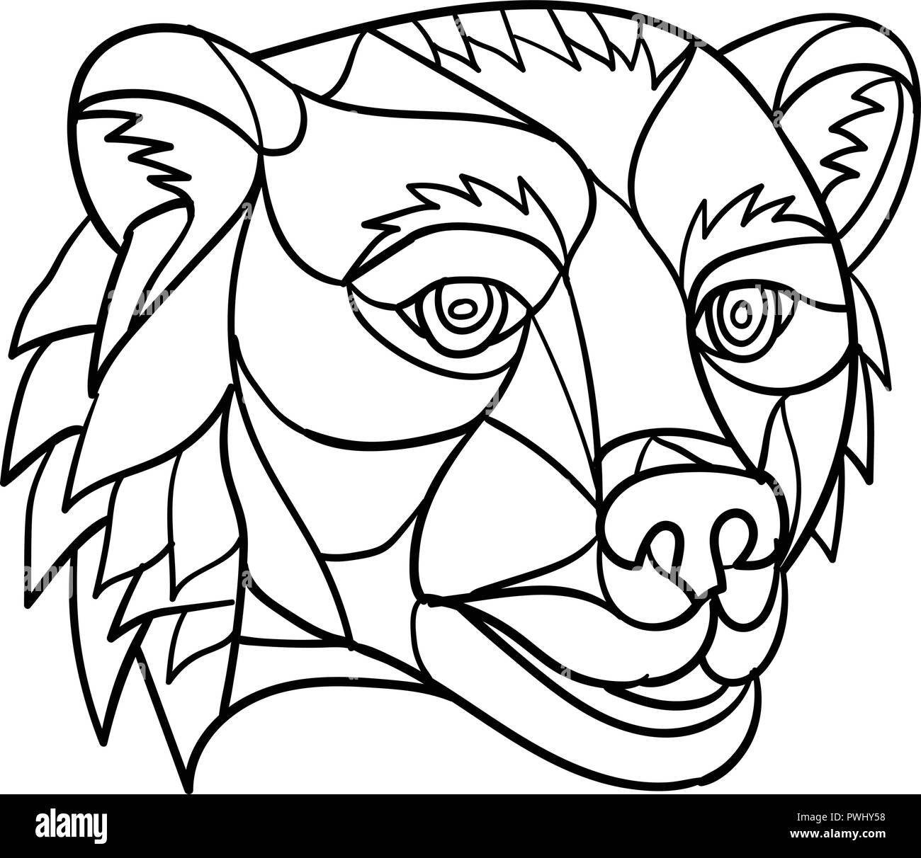 Poligono di basso in stile mosaico illustrazione di un orso grizzly o orso bruno in testa su sfondo isolato in bianco e nero. Illustrazione Vettoriale
