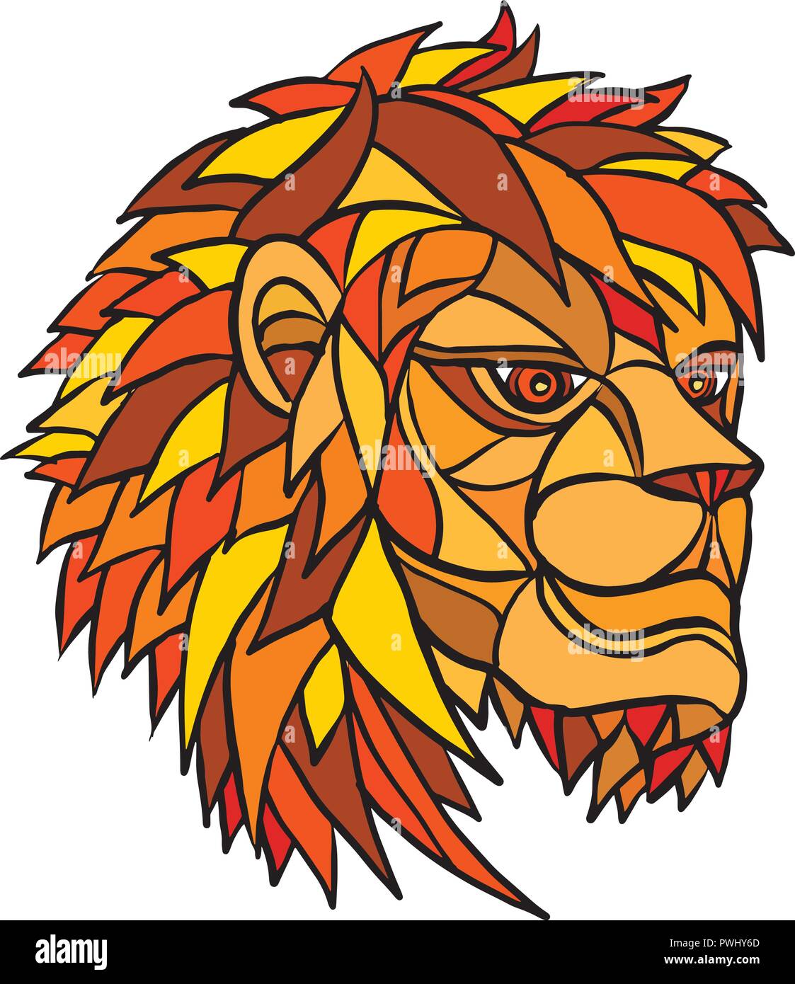 Poligono di basso o in stile mosaico illustrazione di una testa di un maschio adulto lion con piena mane guardando a lato su sfondo isolato. Illustrazione Vettoriale