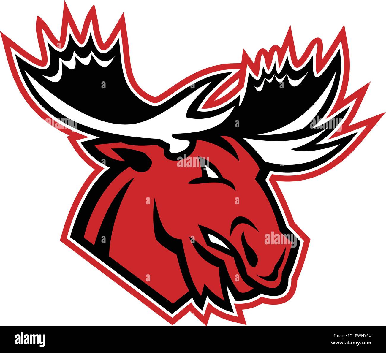 Icona di mascotte illustrazione della testa di un rosso arrabbiato o Alce Elk guardando a lato su sfondo isolato in stile retrò. Illustrazione Vettoriale