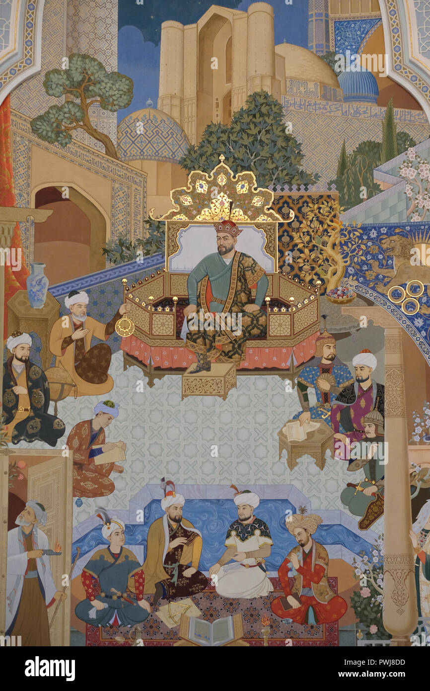 Una tavola dipinta mostra il Signore della guerra mongolo Amir Timur (Tamerlane) esposto nel Museo Amir Timur a Tashkent, capitale dell'Uzbekistan Foto Stock