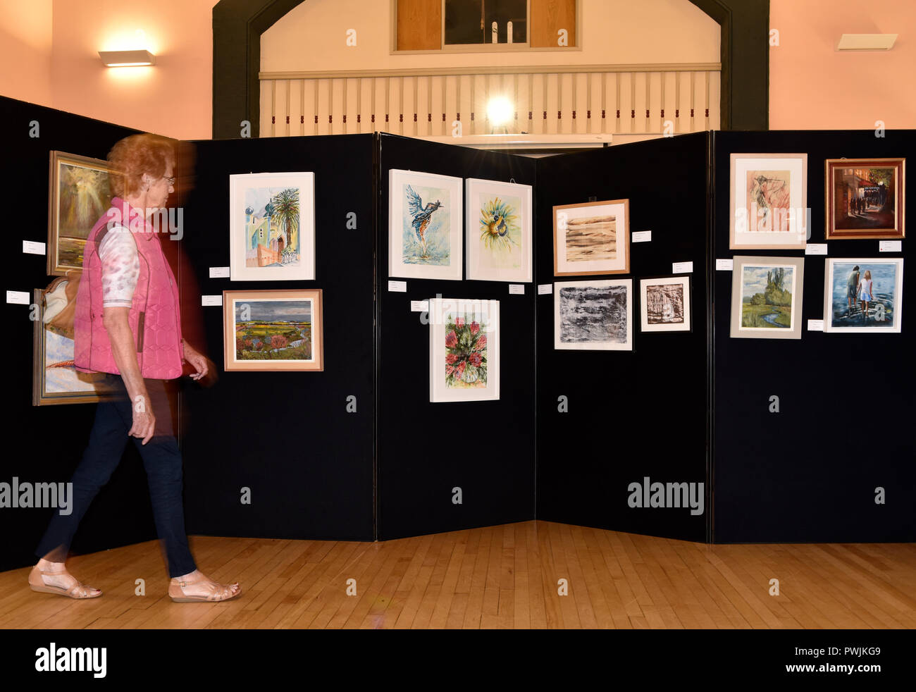 Donna anziana (72 anni) che stanno curiosando un locale mostra d'arte, Alton, HAMPSHIRE, Regno Unito. Giovedì 11 ottobre 2018. Foto Stock