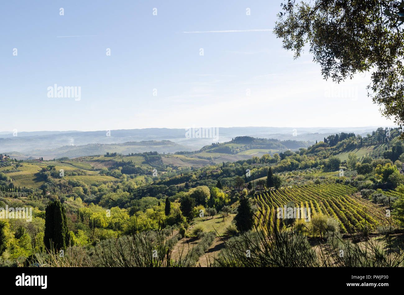 Verdi colline paesaggio dal villaggio di San Gimignano in Toscana, Italia Foto Stock