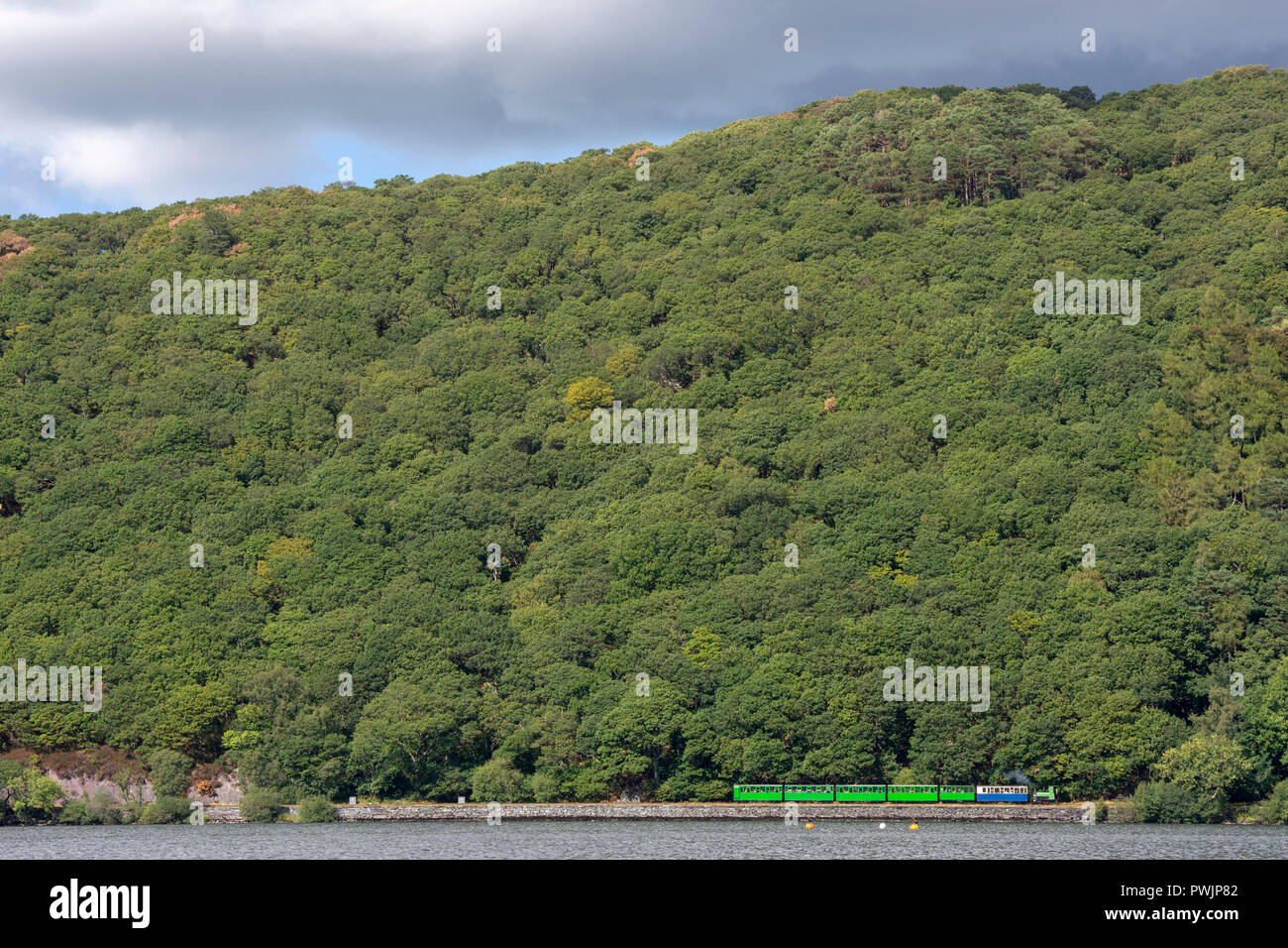 Motore a vapore e carrozze da Llanberis Lake Railway la cottura a vapore lungo accanto al lago Llynpadarn, Llanberfis Foto Stock