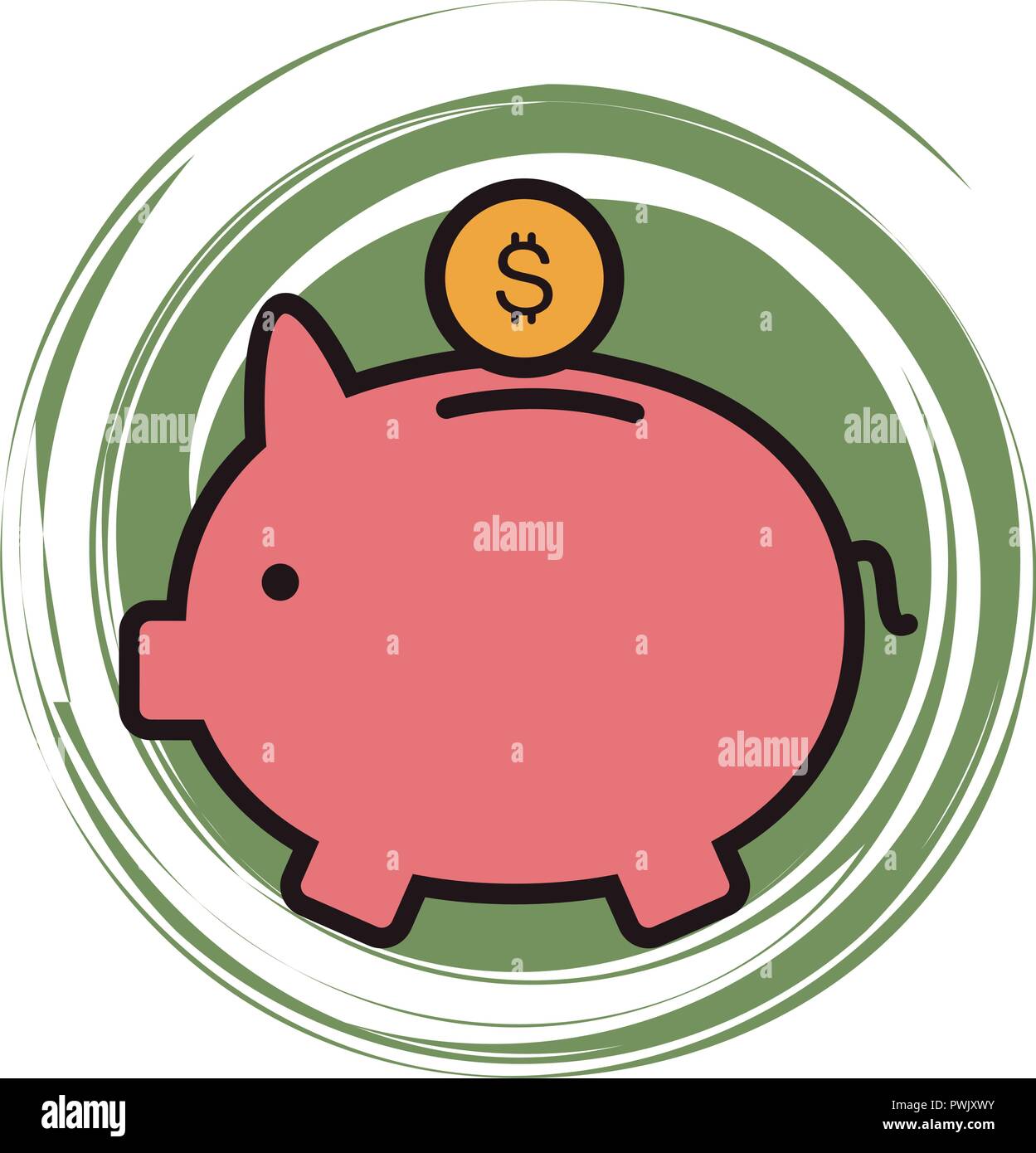 Piggy con moneta simbolo round icona simbolo illustrazione vettoriale graphic design Illustrazione Vettoriale