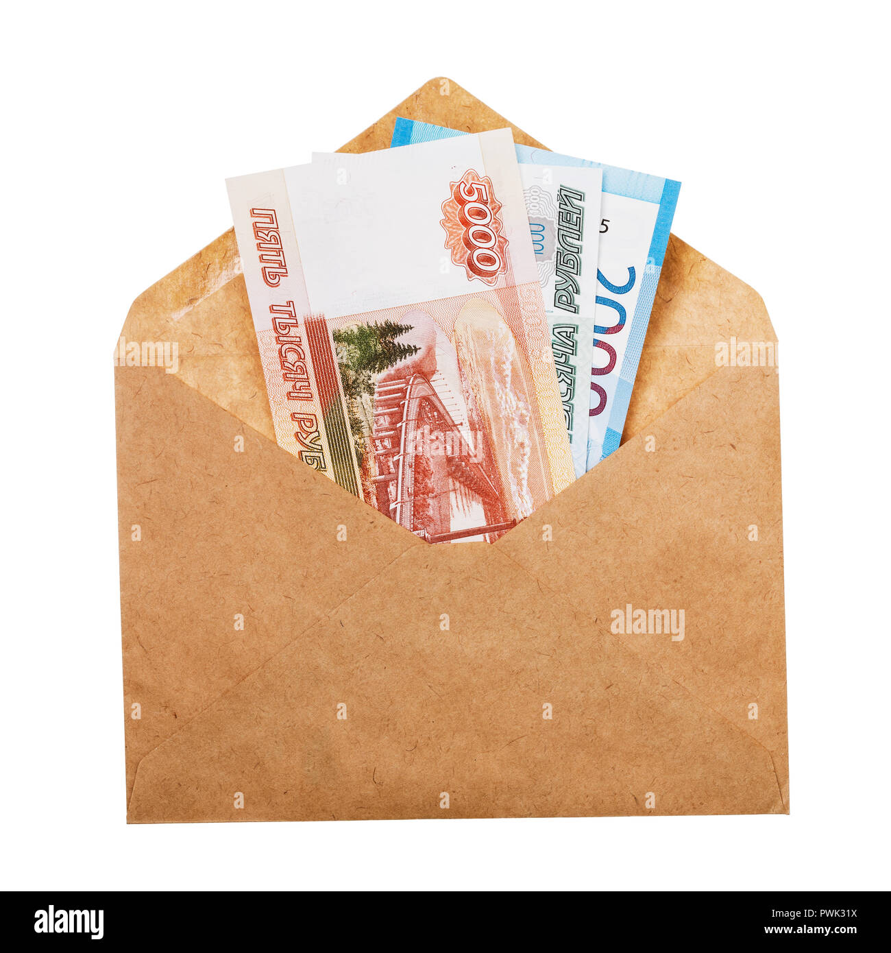 I soldi in una busta isolati su sfondo bianco. Nozione di retribuzione grigio Foto Stock