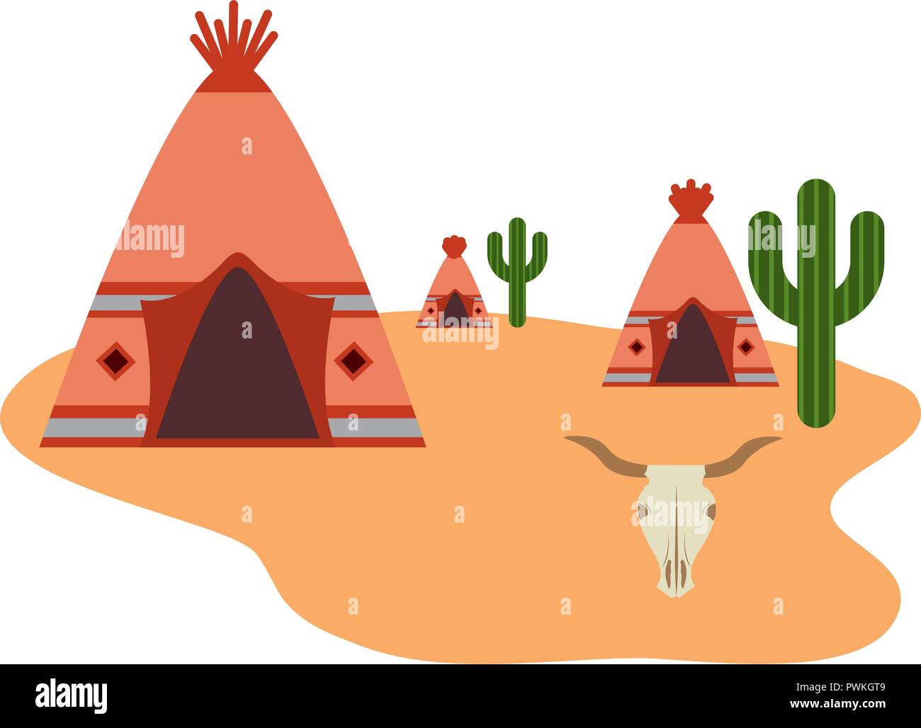 Comunità teepee dei nativi americani nel Deserto di cactus illustrazione vettoriale Illustrazione Vettoriale