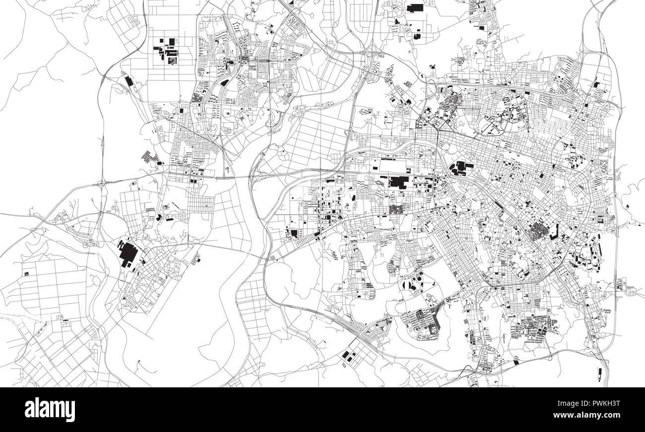 Mappa satellitare di Gwangju, strade della città. Mappa della strada, mappa del centro citta'. Corea del Sud Illustrazione Vettoriale