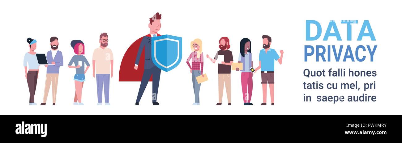 Protezione uomo mix race team PILR privacy dei dati su sfondo bianco di protezione di rete di personal storage Dati Generali Regolamento protezione concetto banner spazio di copia Illustrazione Vettoriale