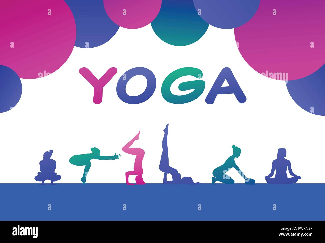 Colorato sportivi silhouette, gruppo di diversità yoga pone la donna, team di successo le relazioni concetto orizzontale Illustrazione Vettoriale