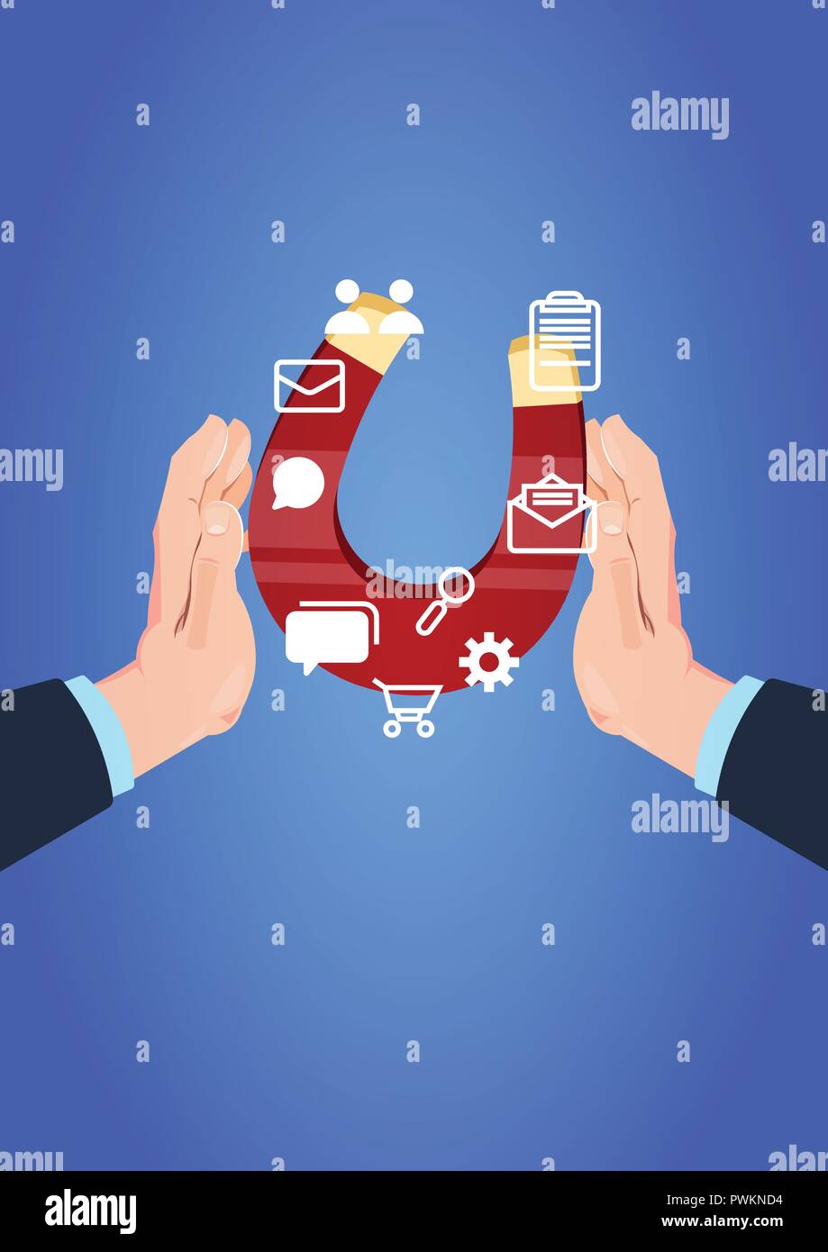 Tenere in mano il magnete icona di comunicazione trazione. Il supporto delle chat di concetto di elaborazione su sfondo blu design piatto Illustrazione Vettoriale