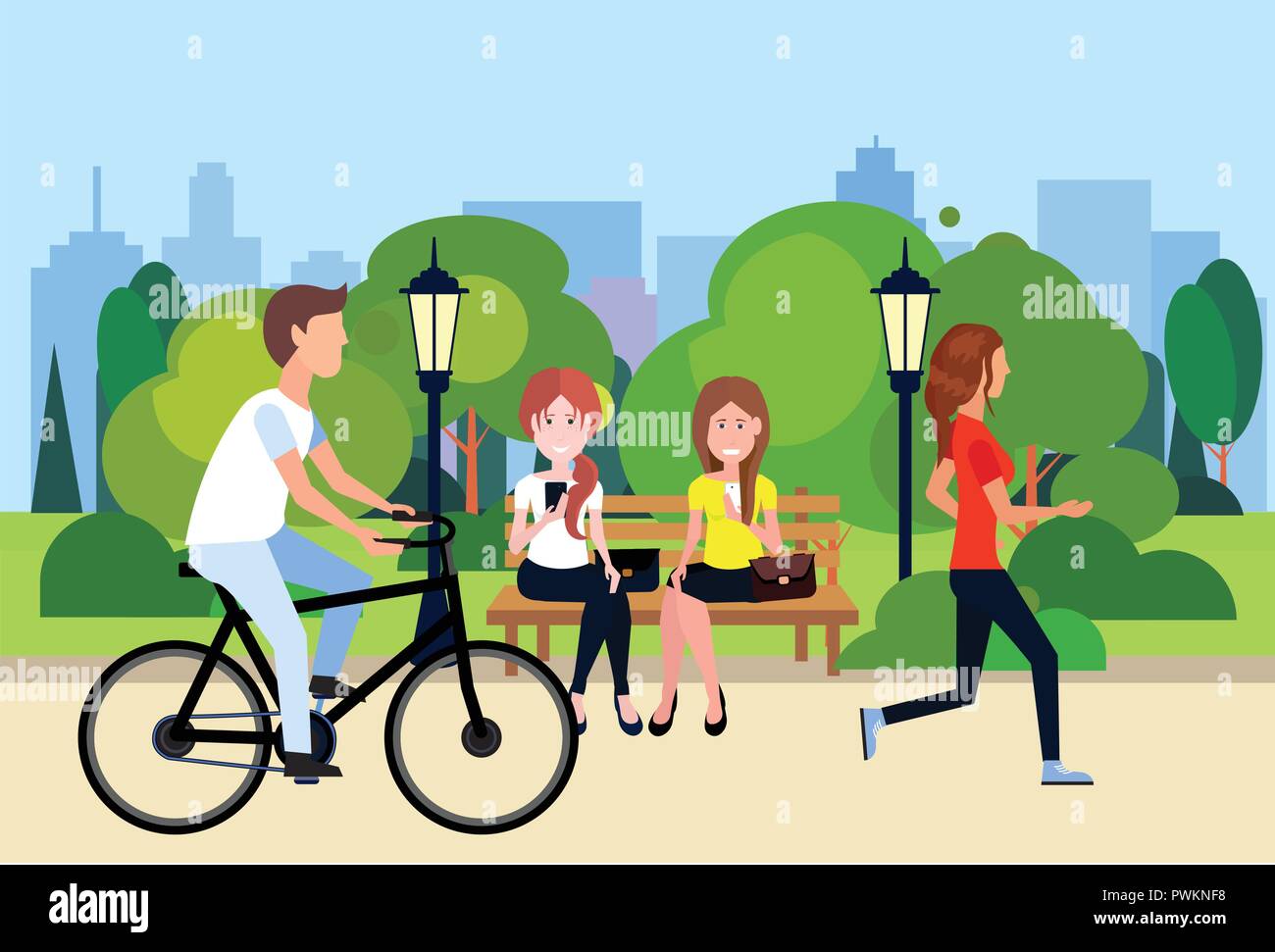 Pubblico parco urbano donna uomo seduto panca in legno all'esterno Passeggiate Ciclismo in esecuzione del prato verde di alberi in edifici della città modello piatto di sfondo Illustrazione Vettoriale