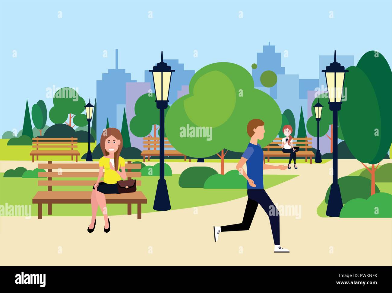 Pubblico parco urbano all'aperto in funzione uomo donna seduta panca in legno via lampada prato verde di alberi in edifici della città modello piatto di sfondo Illustrazione Vettoriale