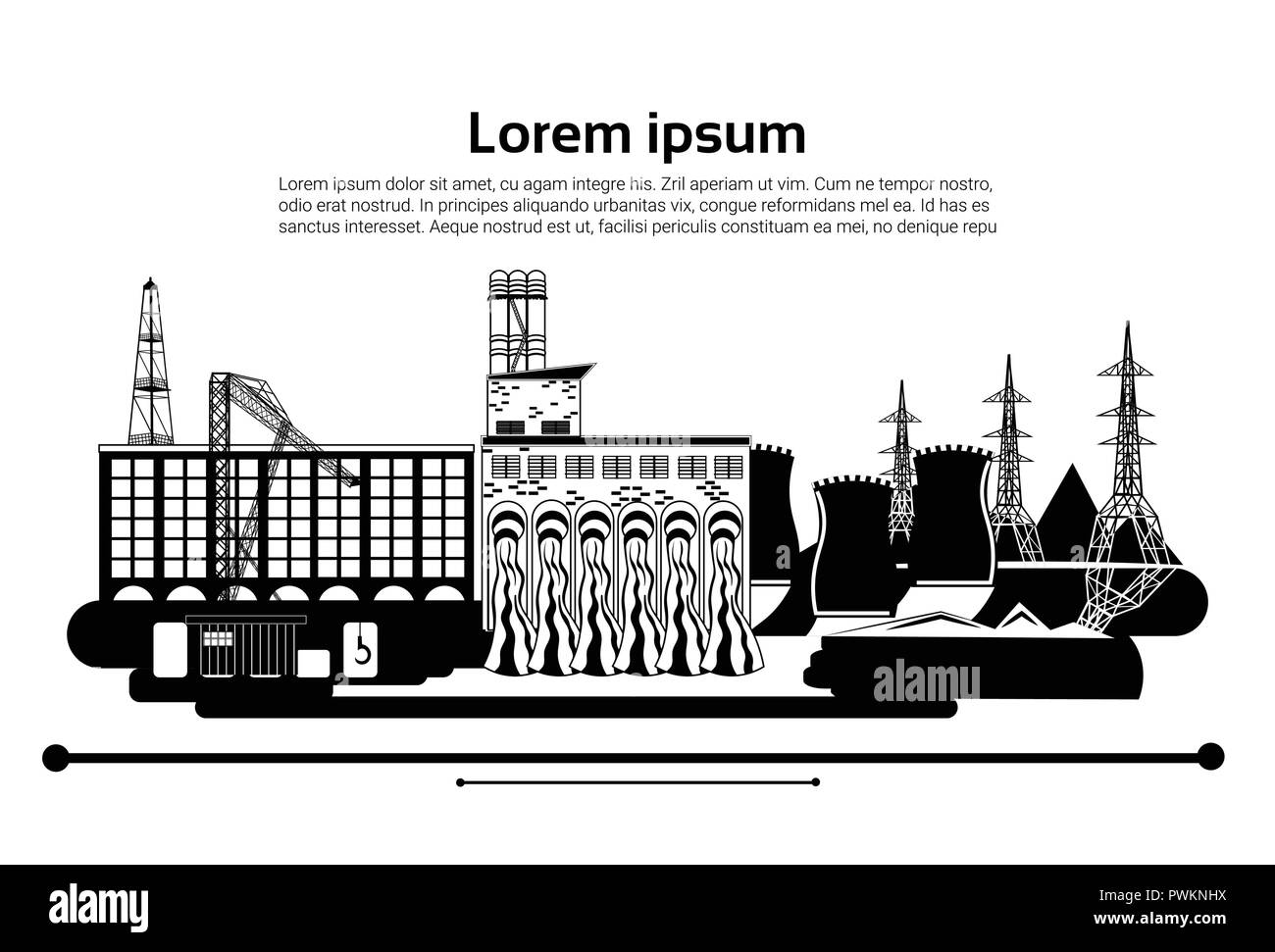 Edificio di fabbrica natura inquinamento tubazione impianto rifiuti. silhouette di un olio impianto di perforazione su sfondo bianco. banner. Piatto spazio di copia Illustrazione Vettoriale