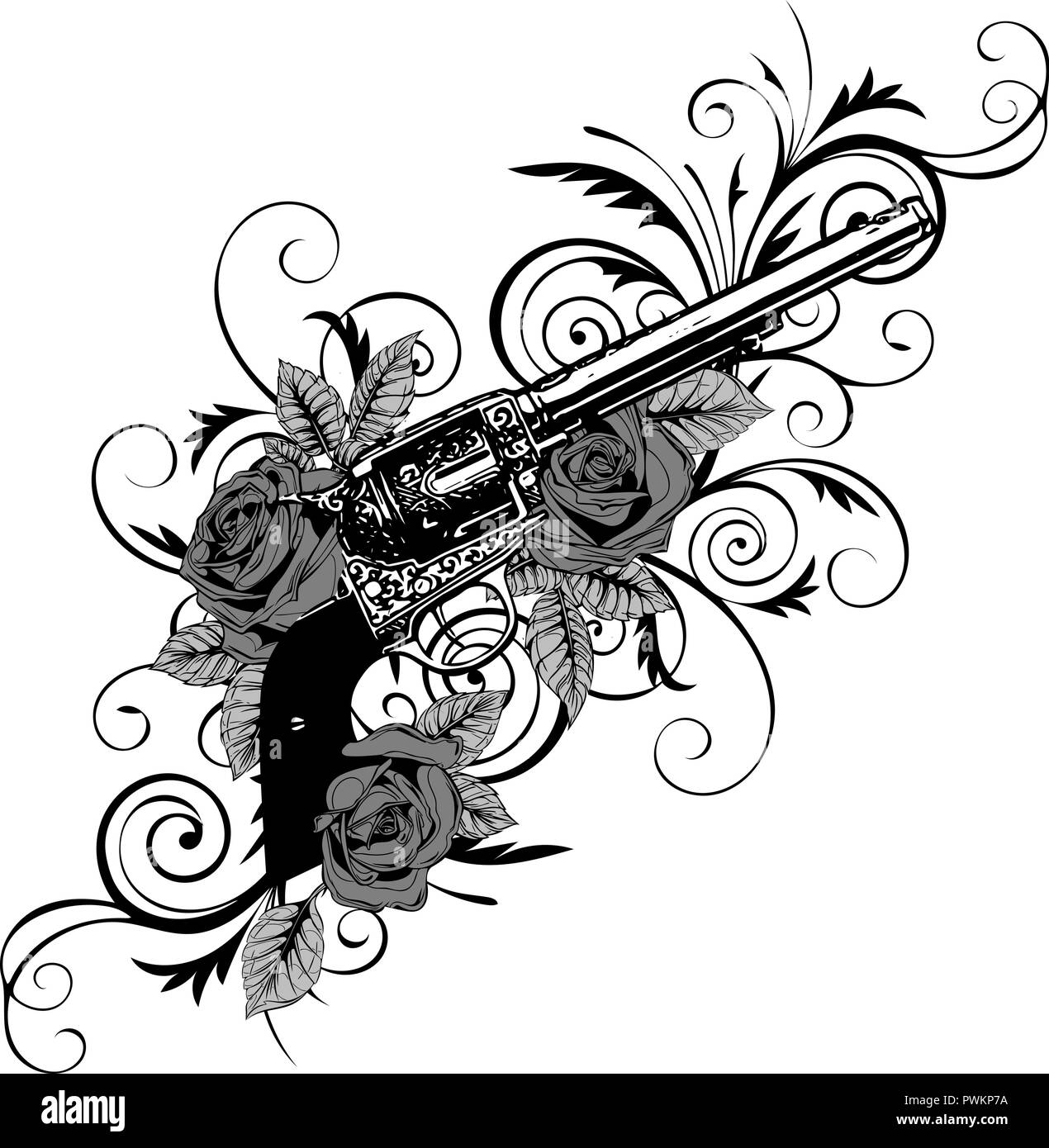 Illustrazione vettoriale di pistole sul fiore e ornamenti floreali con tatuaggio lo stile di disegno Illustrazione Vettoriale