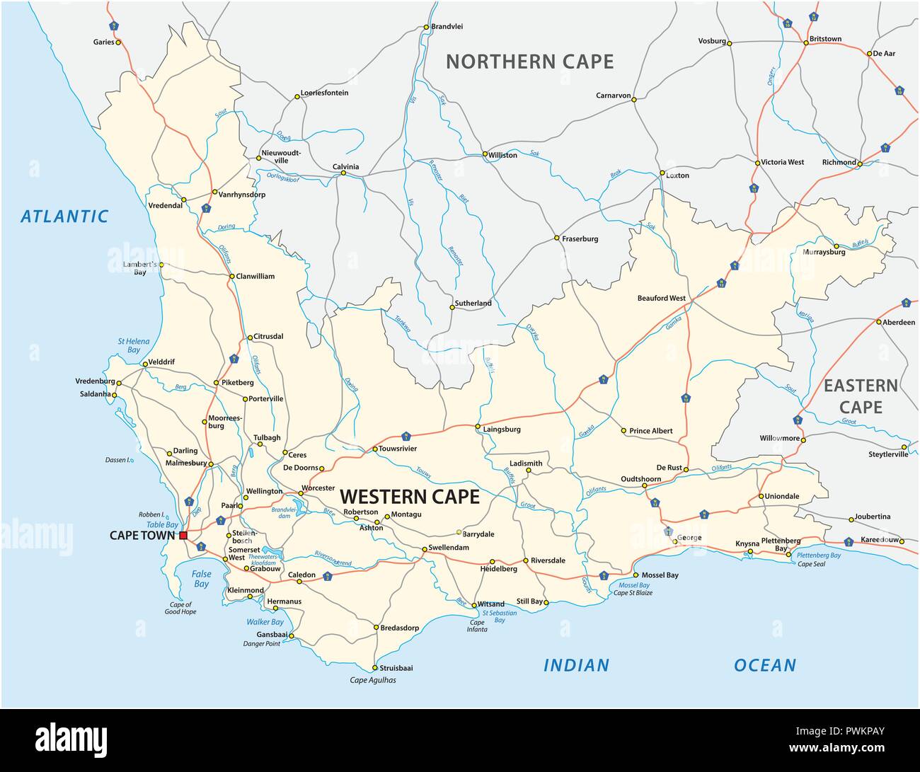 Sud Africa Western Cape Province road mappa vettoriale. Illustrazione Vettoriale