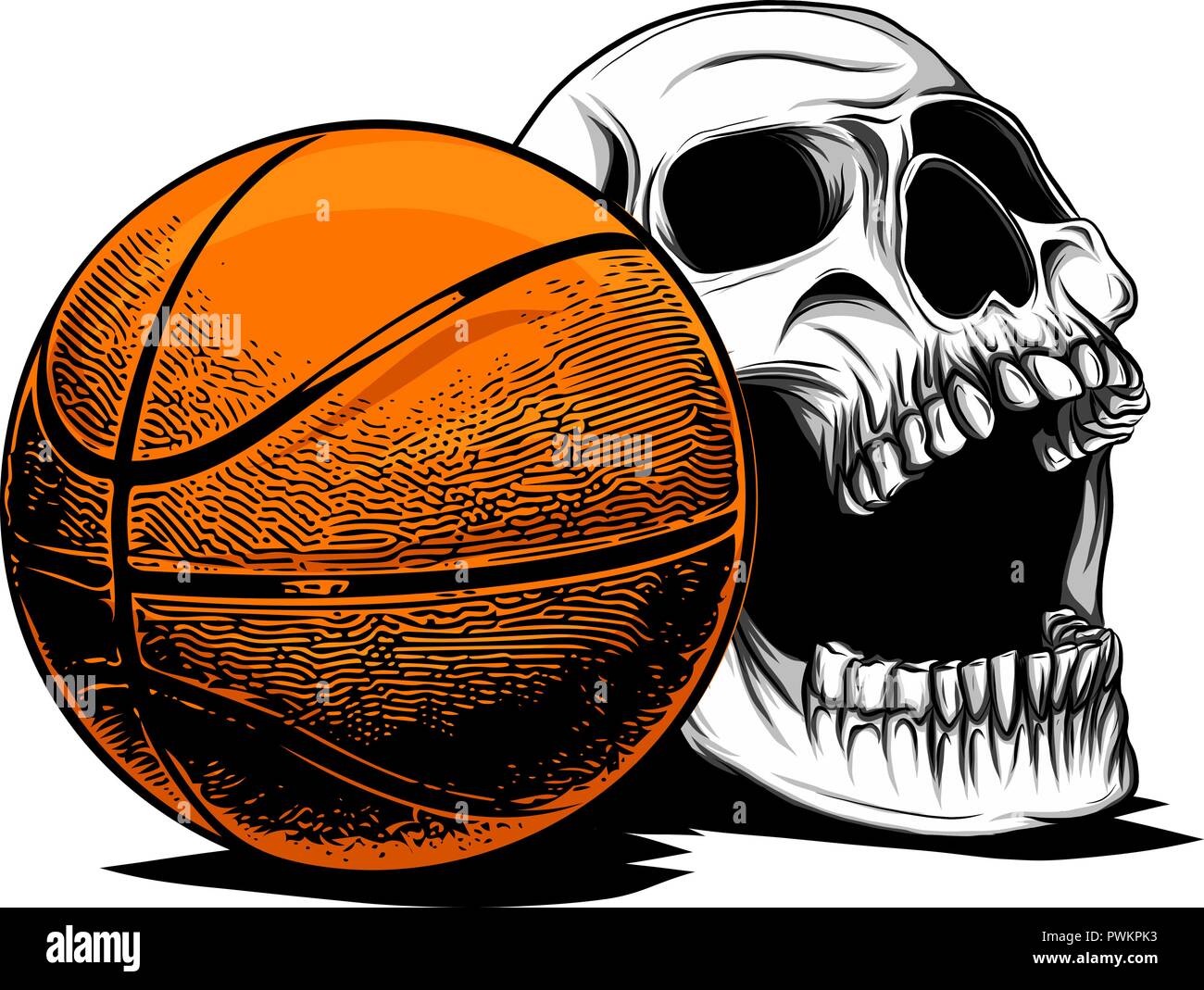 Cranio di basket. La sfera è in testa di scheletro. Emblema per gli amanti dello sport Illustrazione Vettoriale
