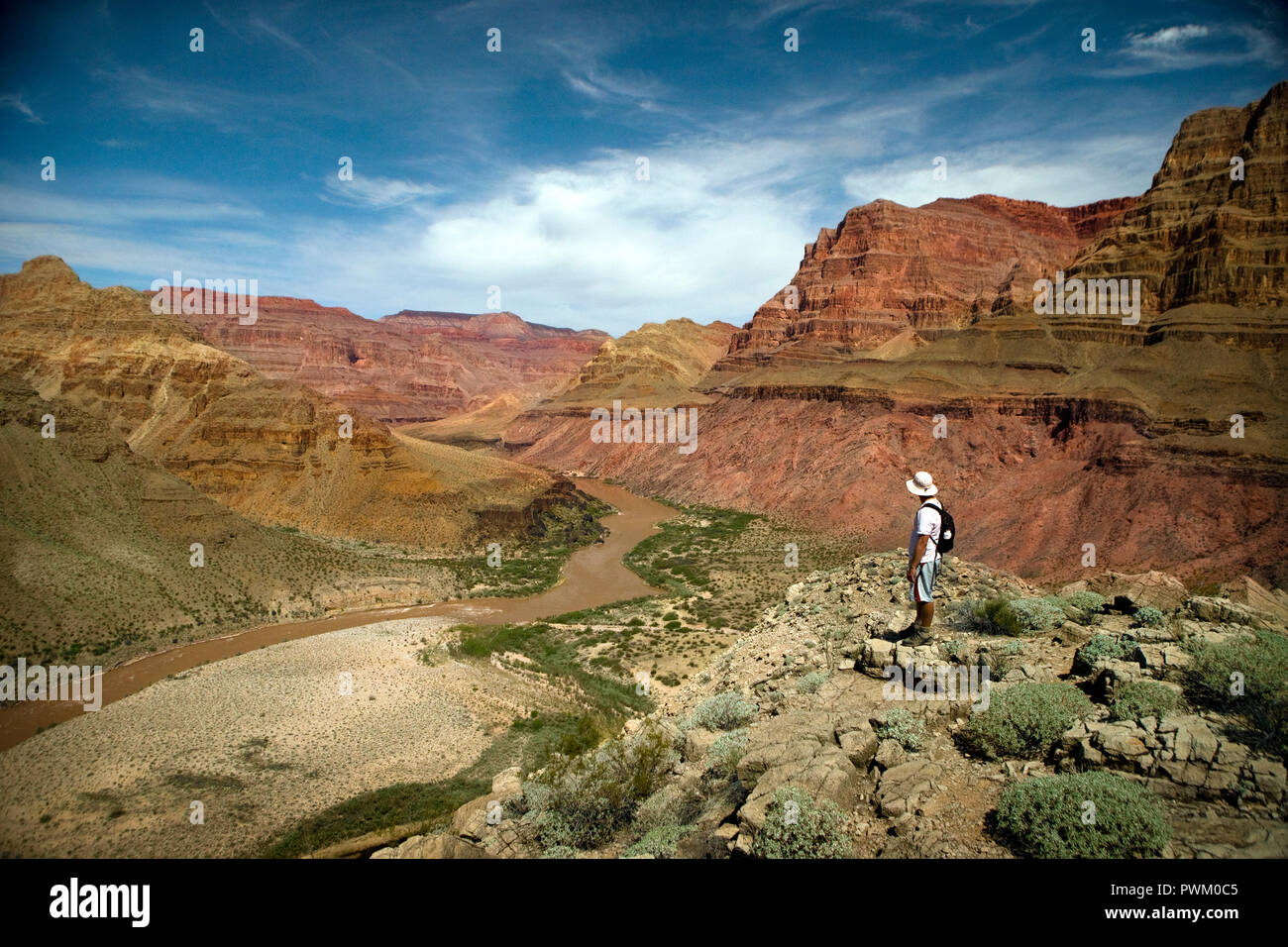 Metà uomo adulto godendo la vista di un canyon paesaggio. Foto Stock