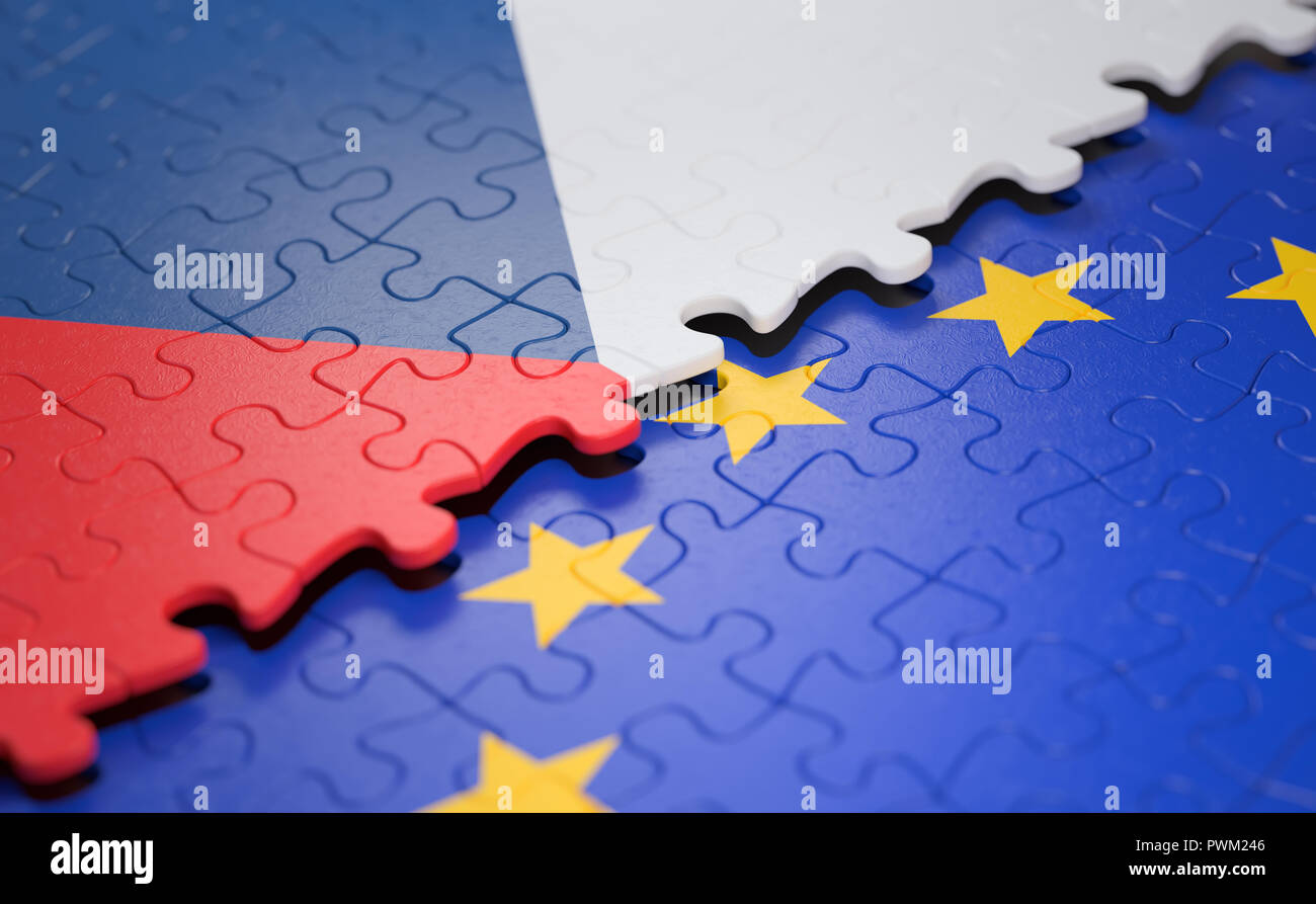 Bandiera della Repubblica ceca e l'Unione europea sotto forma di pezzi di un puzzle nel concetto di politica e unione economica. Foto Stock