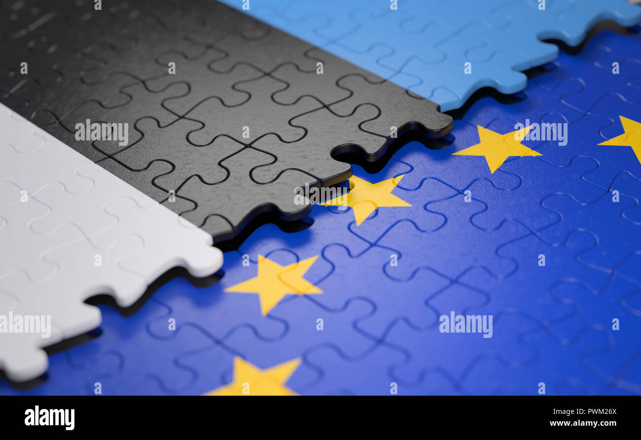 Bandiera dell'Estonia e l'Unione europea sotto forma di pezzi di un puzzle nel concetto di politica e unione economica. Foto Stock
