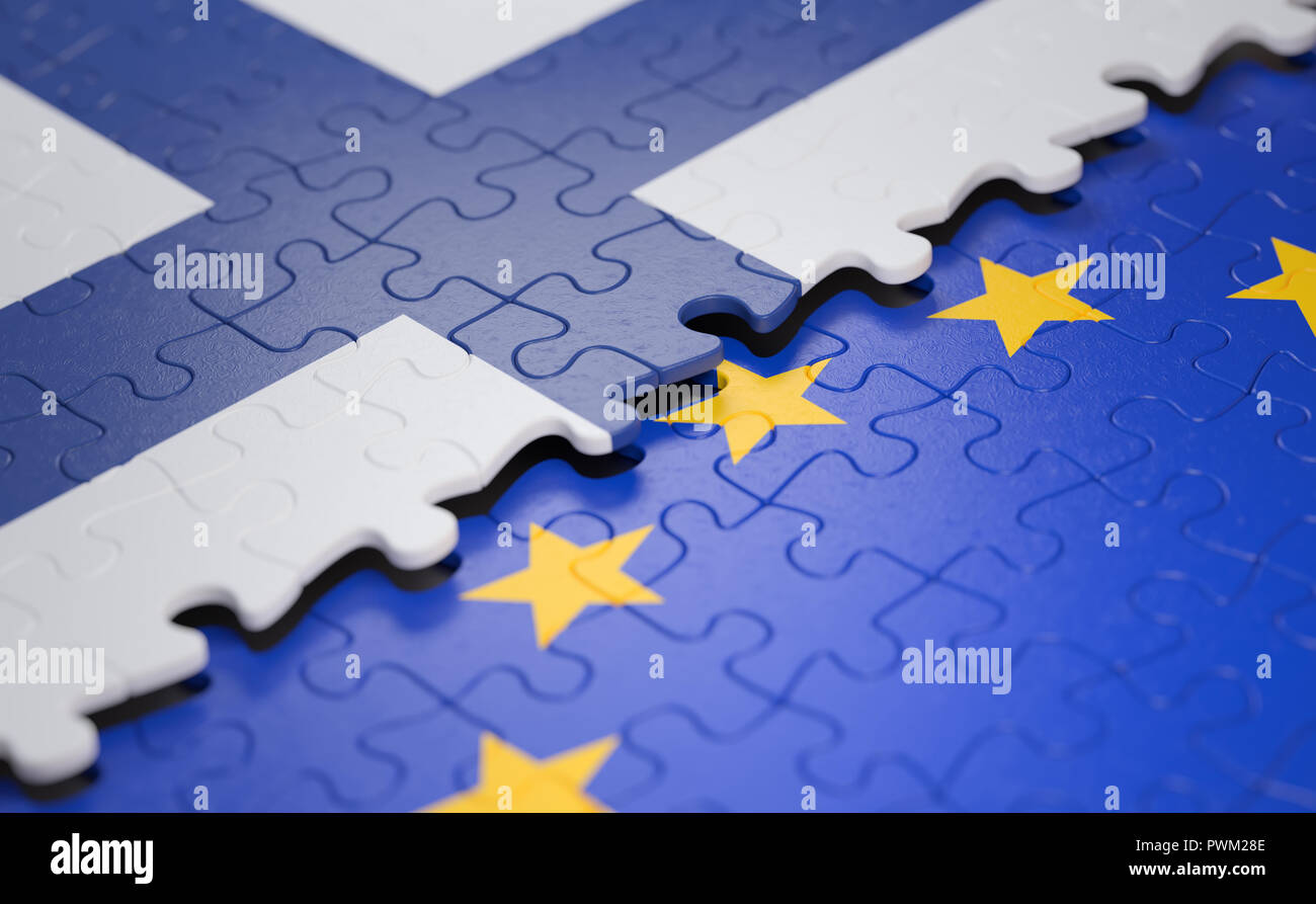 Bandiera della Finlandia e l'Unione europea sotto forma di pezzi di un puzzle nel concetto di politica e unione economica. Foto Stock