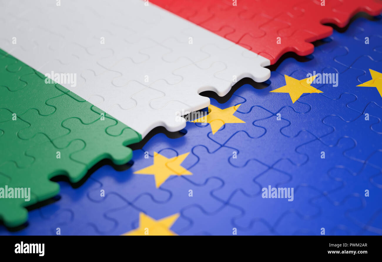 Bandiera dell'Ungheria e dell'Unione europea sotto forma di pezzi di un puzzle nel concetto di politica e unione economica. Foto Stock