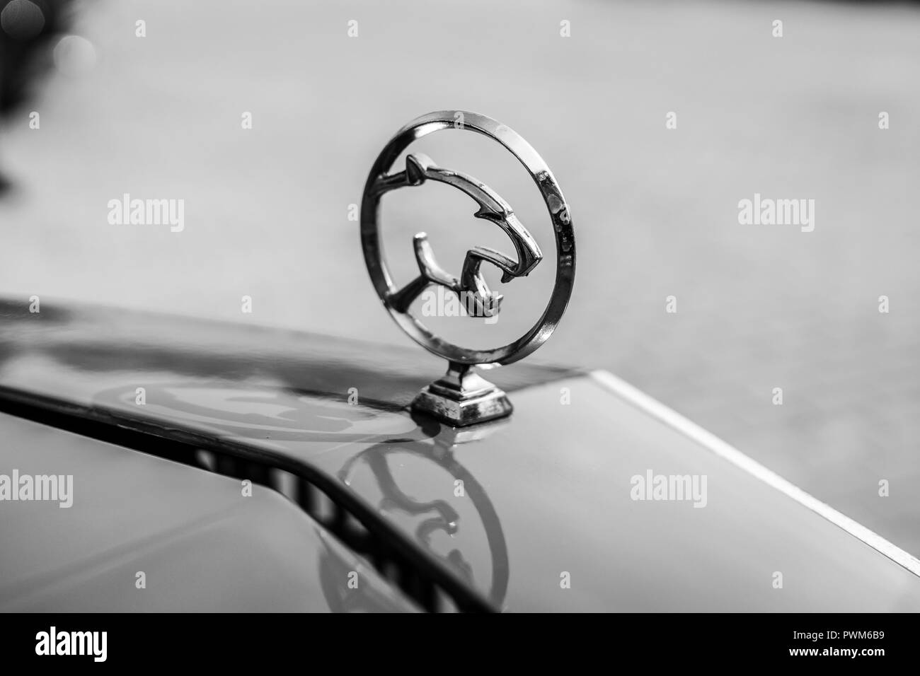 PAAREN IM GLIEN, Germania - 19 Maggio 2018: Cappa ornamento personale auto di lusso Mercury Cougar XR-7. In bianco e nero. Die Oldtimer Show 2018. Foto Stock