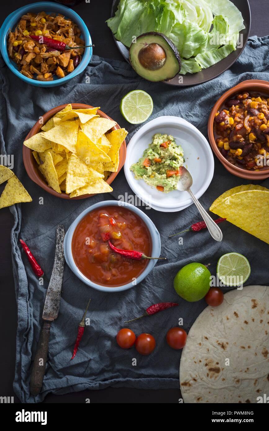 Vegan piatti messicani: guacamole con tortilla chips, salsa, tirato jackfruit, chili sin carne Foto Stock