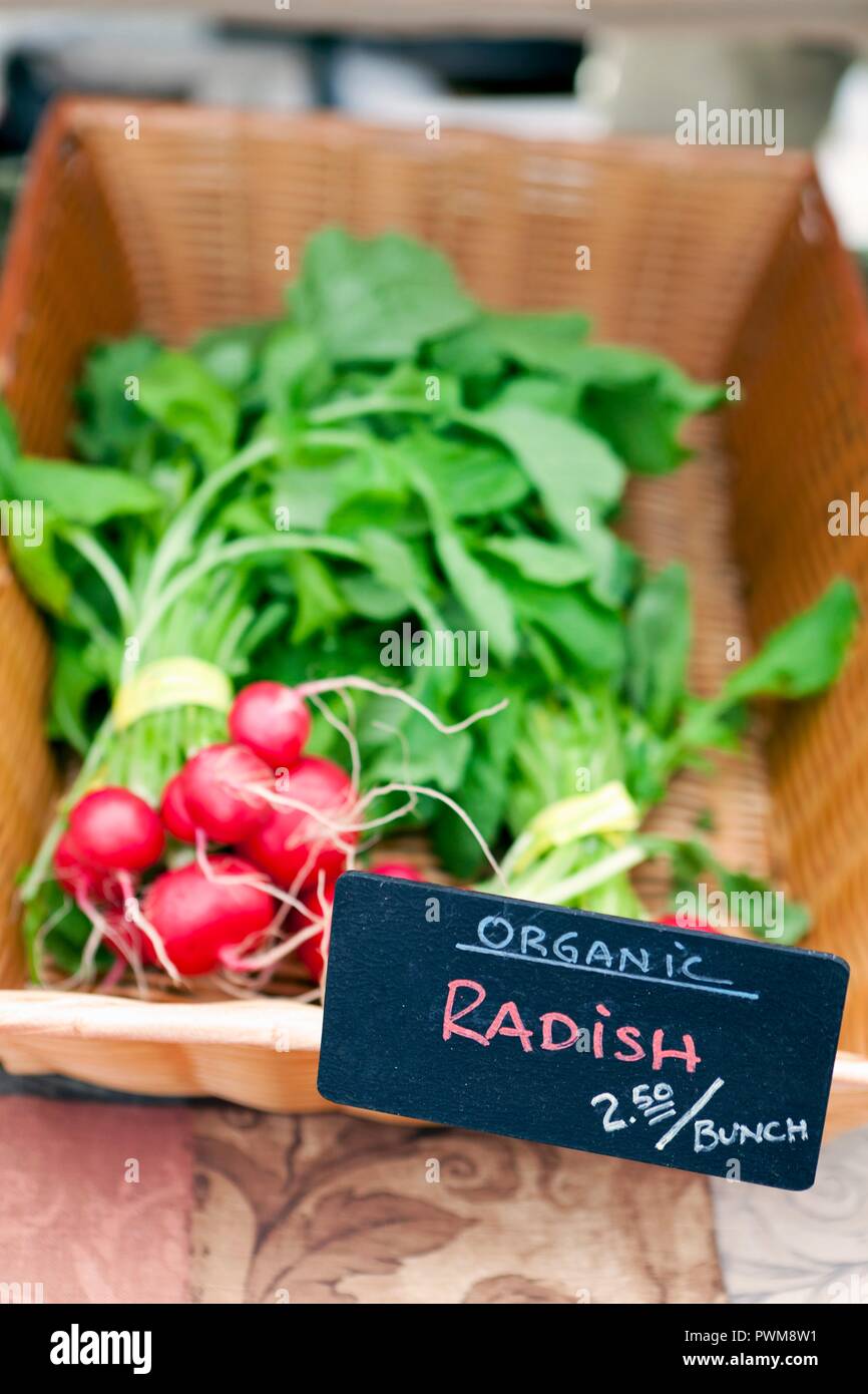 Ravanelli organico a un mercato agricolo Foto Stock