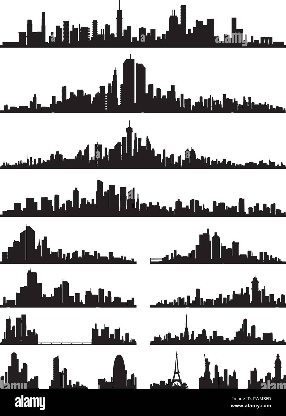 Serie di dettagliate city ​​silhouette illustrazioni vettoriali delle grandi città Illustrazione Vettoriale