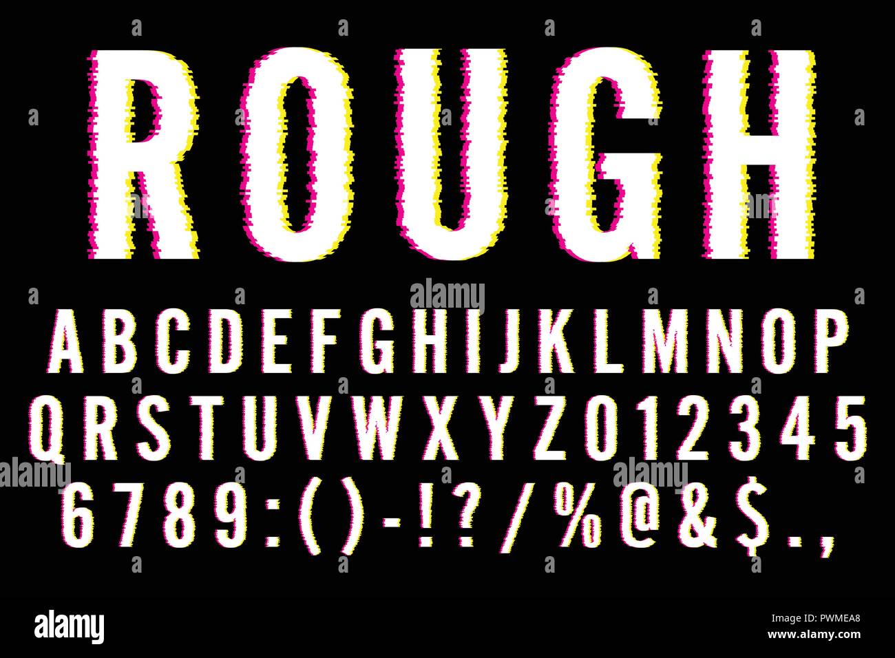 Alla moda di Glitch distorto carattere tipografico di lettere, numeri e simboli illustrazione vettoriale Illustrazione Vettoriale