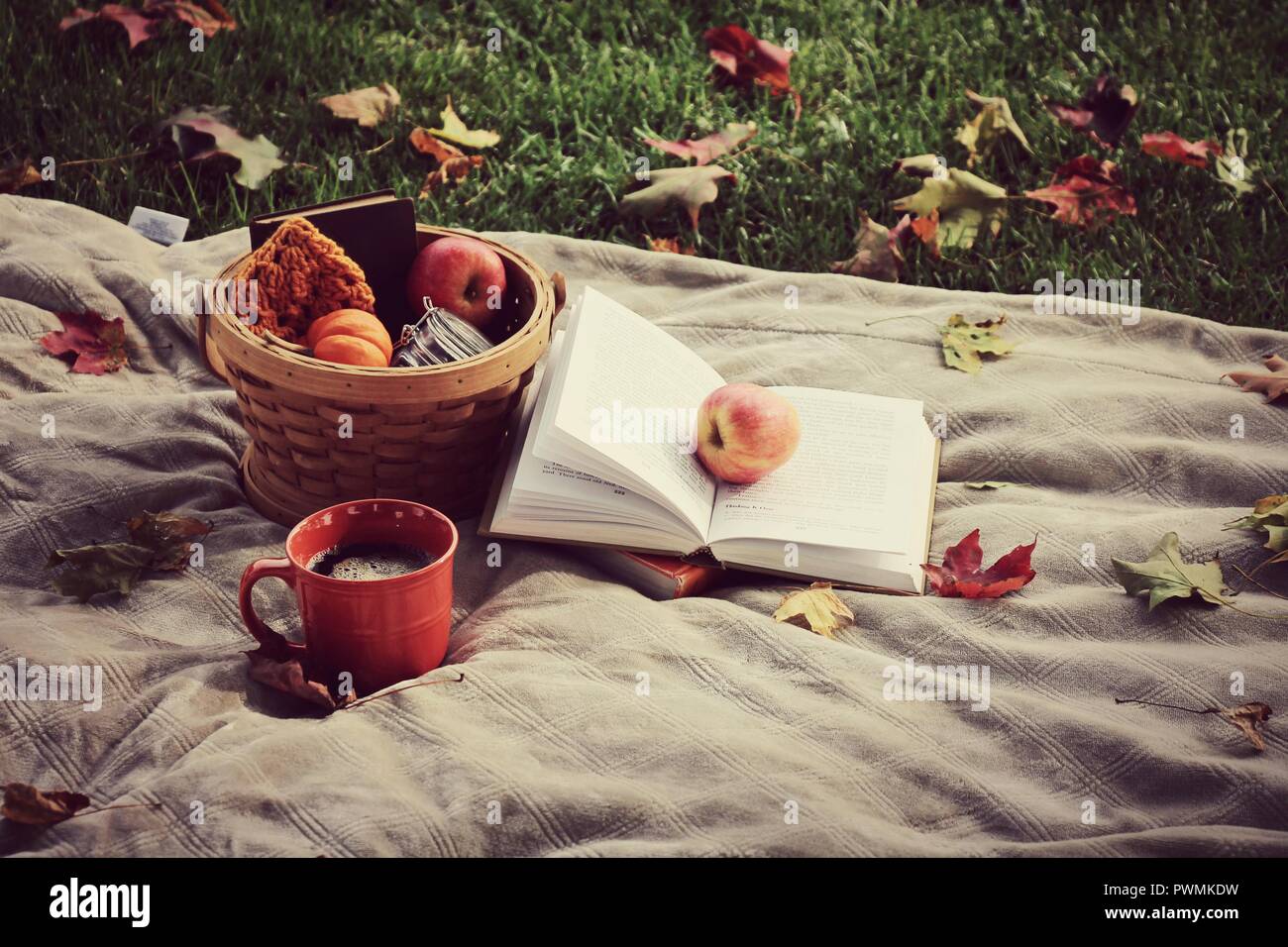 L'autunno. Coperta, Arancione Mug, caffè caldo, mele, libri, foglie di zucca. Croccante autunno Meteo. autunno Fotografia Foto Stock