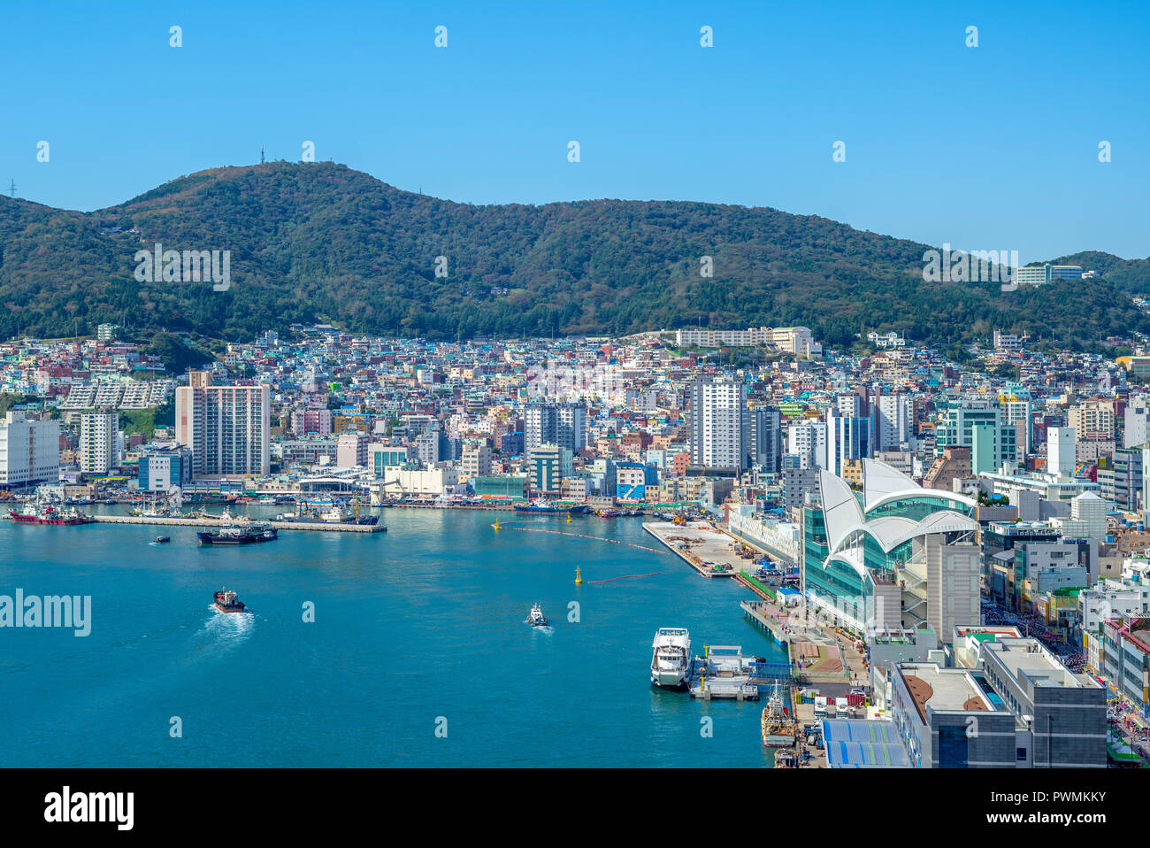 Il porto di Busan, il più grande porto della Corea del Sud Foto Stock