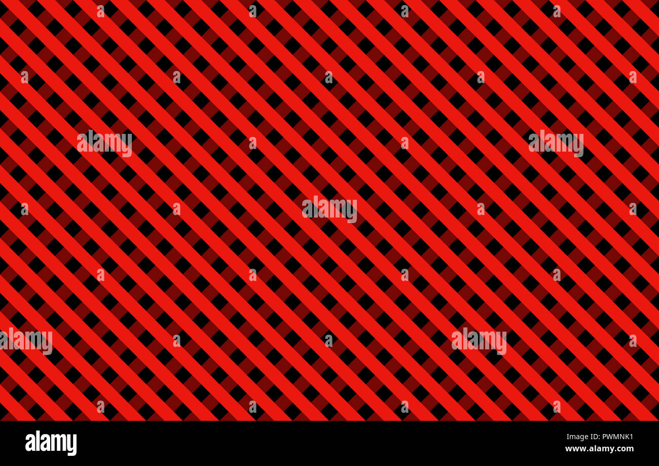 Diagonal Gingham-like con dominanti di colore rosso e nero, Linee dal design semplice di simmetria delle strisce sovrapposte in un unico colore solido Foto Stock