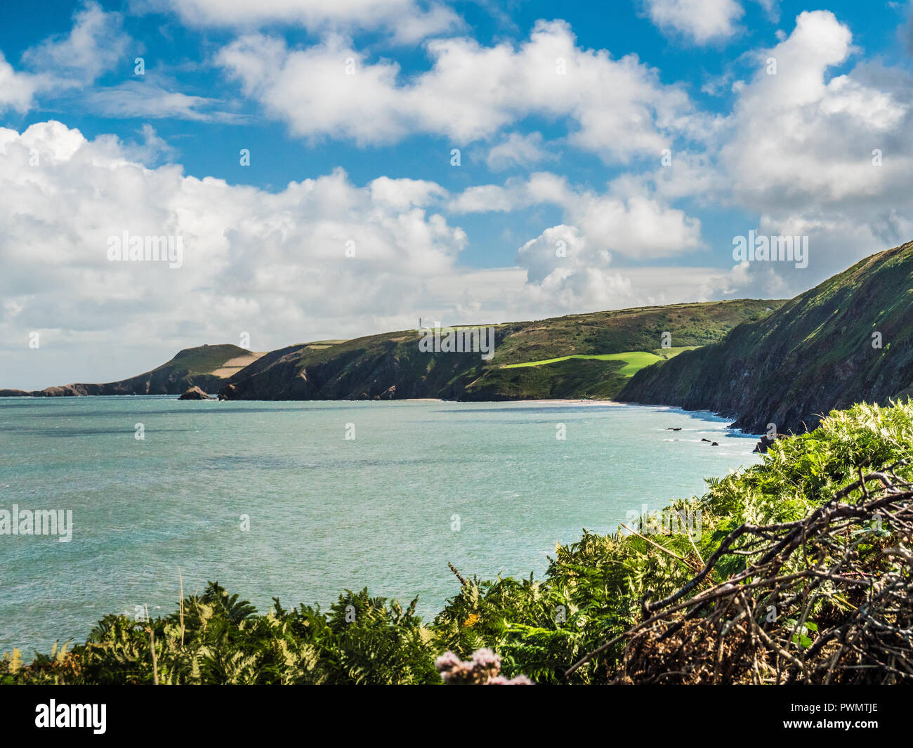 Vista dal sentiero costiero verso Tresaith sulla costa gallese in Ceredigion. Foto Stock