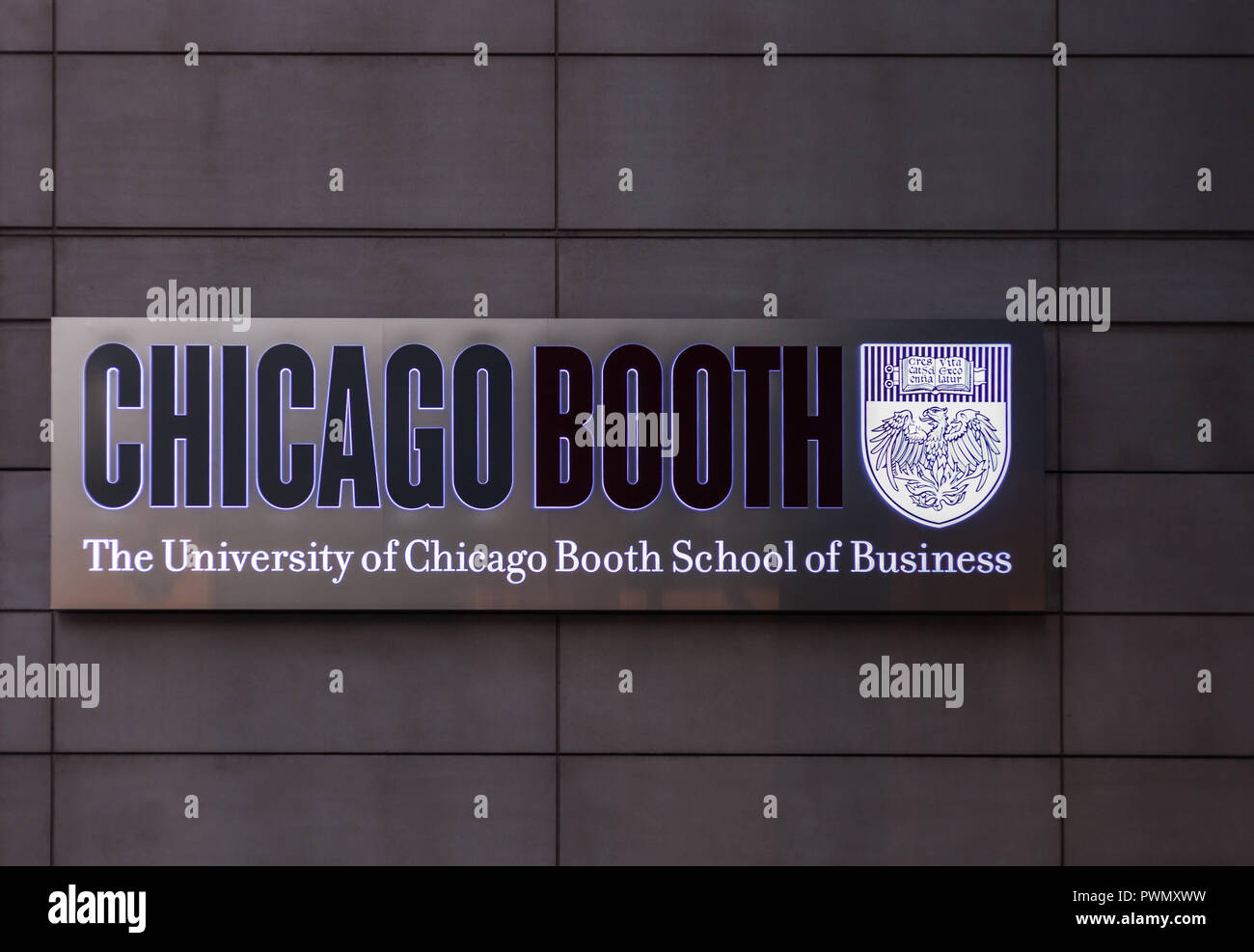 CHICAGO, IL - Luglio 10, 2018 - Il logo della University of Chicago Booth School of Business (noto anche come Chicago Booth, o stand) Foto Stock