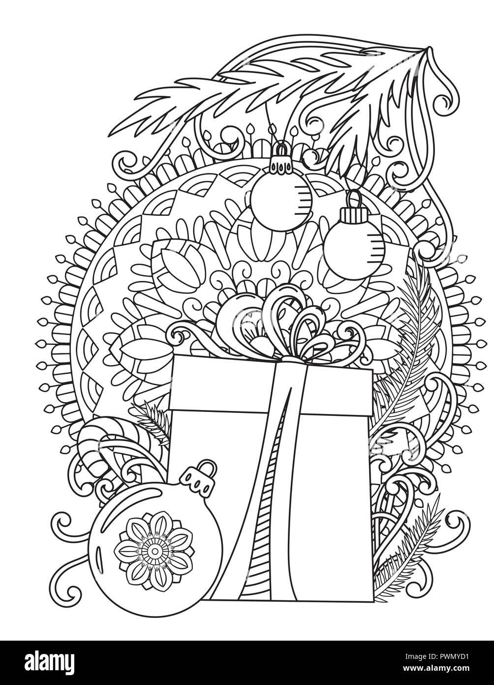 Natale Mandala Coloring page. Adulto libro da colorare. Holiday Gift, palle  e nastri. Disegnata a mano illustrazione vettoriale Immagine e Vettoriale -  Alamy