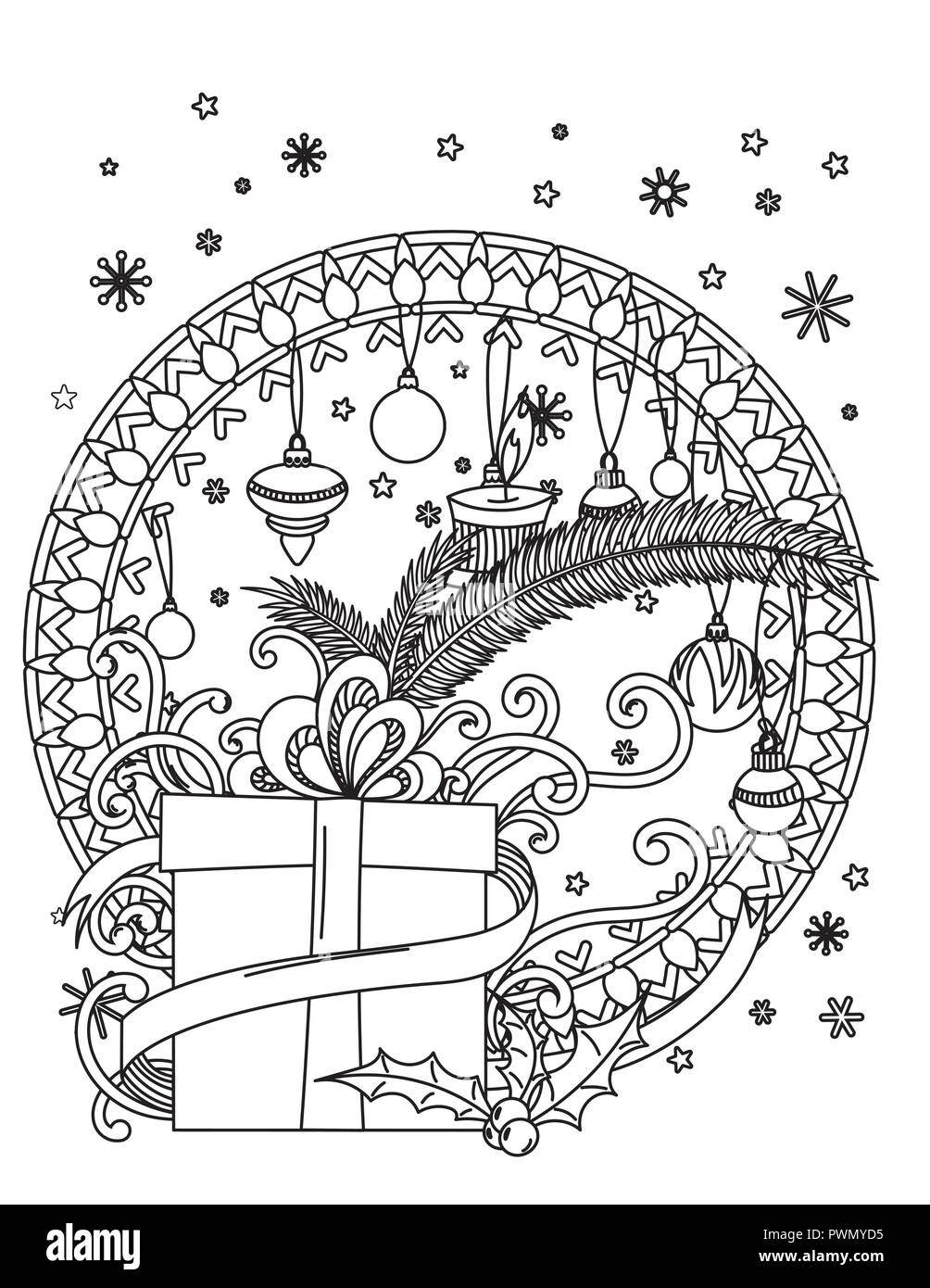 Natale Mandala Coloring page. Adulto libro da colorare. Holiday decore, doni, sfere e ribbond. Disegnata a mano illustrazione vettoriale. Illustrazione Vettoriale