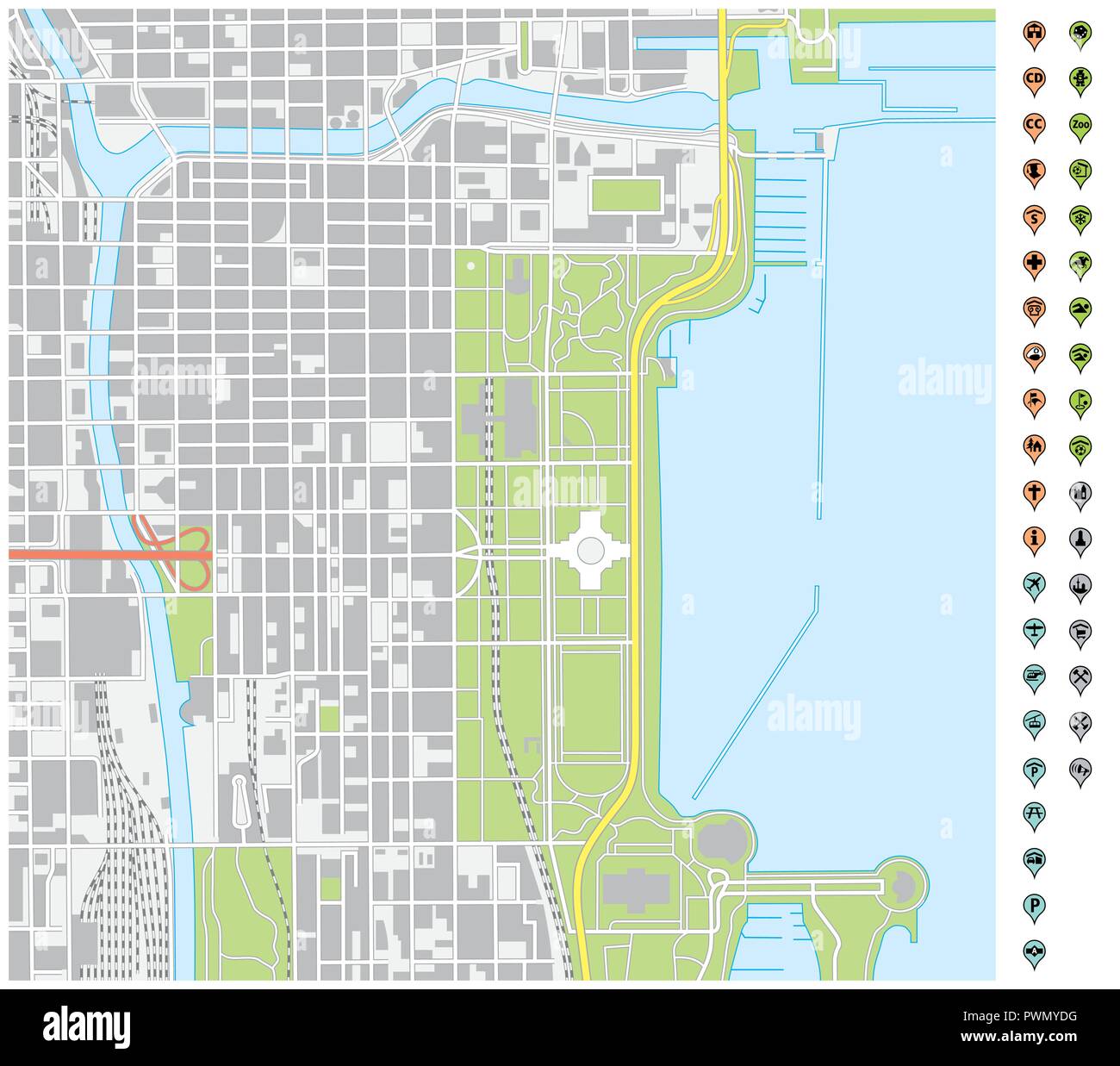 Vettore di mappa stradale del centro cittadino di Chicago con il pin dei puntatori e icone di infrastruttura. Illustrazione Vettoriale