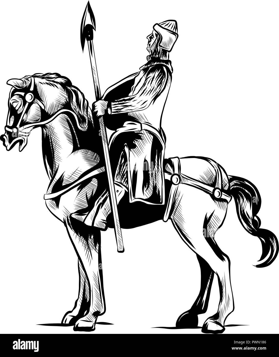 Vector clip art illustrazione di un cavaliere corazzato su un pauroso cavallo nero con gli occhi rossi o di ricarica alla giostra con la lancia e lo scudo. Illustrazione Vettoriale
