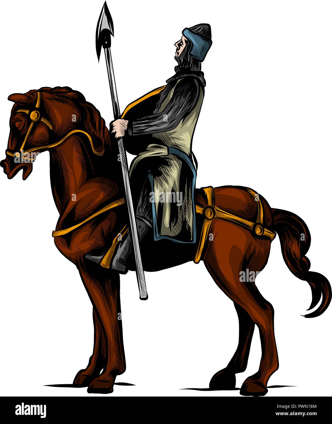 Vector clip art illustrazione di un cavaliere corazzato su un pauroso cavallo nero con gli occhi rossi o di ricarica alla giostra con la lancia e lo scudo. Illustrazione Vettoriale