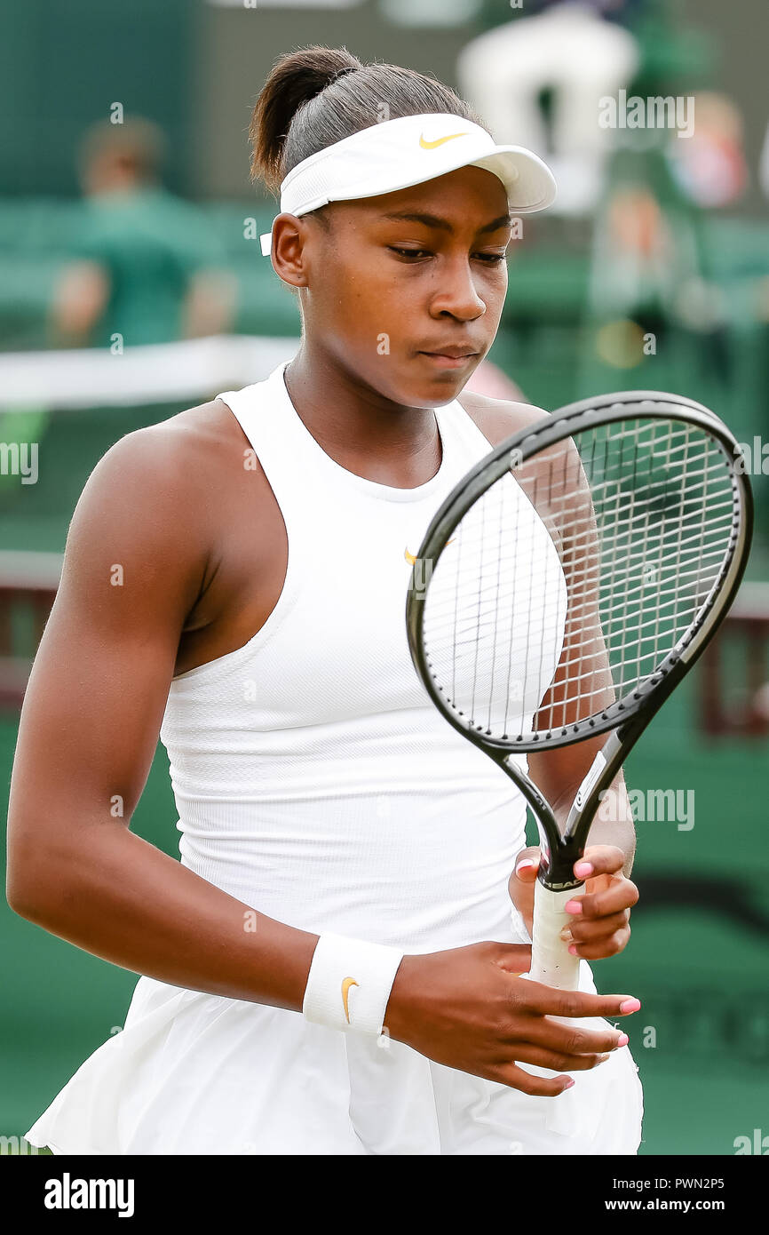 American junior giocatore di tennis Cori Gauff (USA) durante il torneo di Wimbledon Tennis Championships 2018 Foto Stock