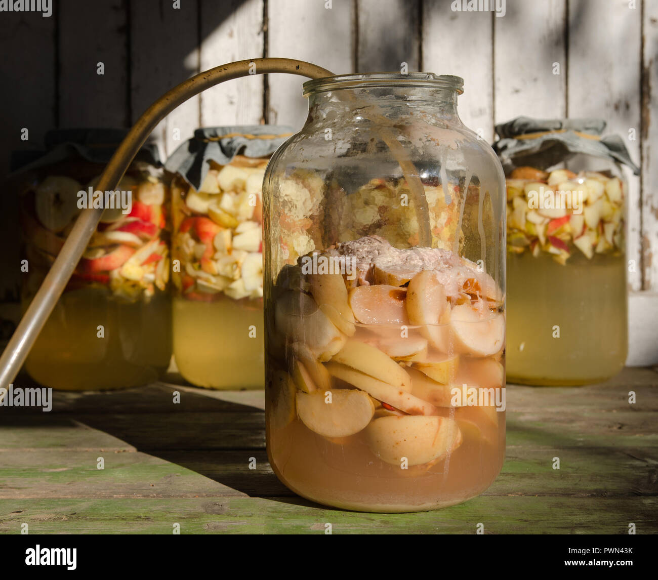 Realizzazione di aceto di mele - la raccolta del liquido Foto Stock